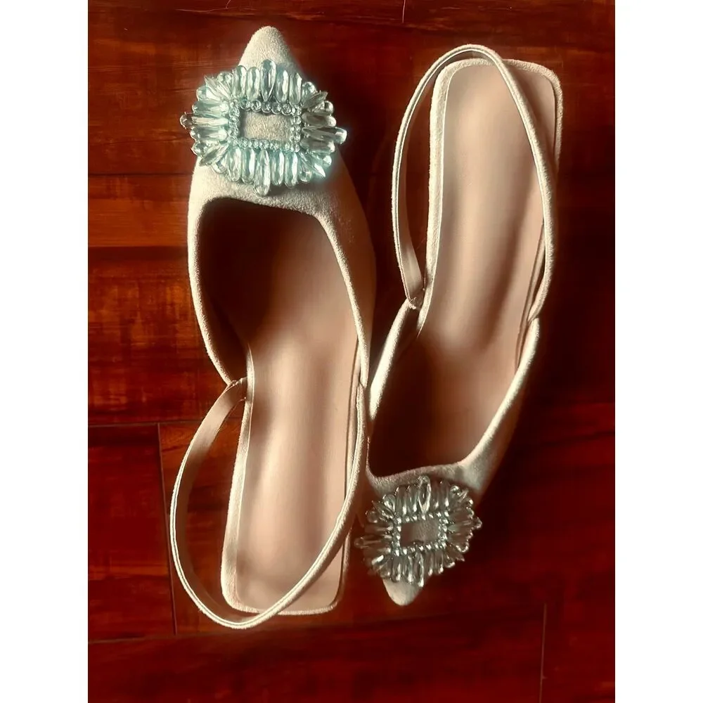 Nude Vegan Leather Glam Kitten Heel Rhinestone Buckle Slingback Pointed Pumps 38